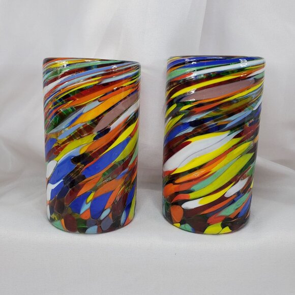 Hand Blown Mexican Glasses – 4 Confetti Swirl Drinking Tumbler Glasses - Picture 7 of 13